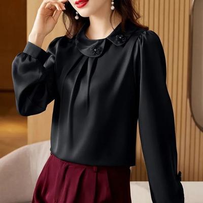 Edles Damen Herbst-Pullover POLO-Kragen Modisches Einfarbig Langarm Satinhemd Top