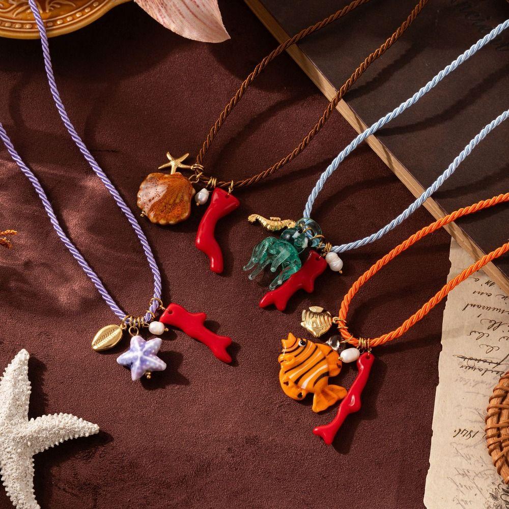 Ethnic Style Resin Starfish Pendant Necklace Marine Organism Charms Dopamine Necklace  Gift