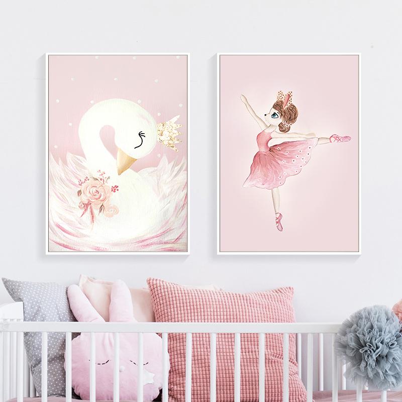 Pink Nursery Girl Flower Wall Art Canvas Painting Horse Swan Nordic Posters and Prints Wall Pictures for Living Room Kids Room