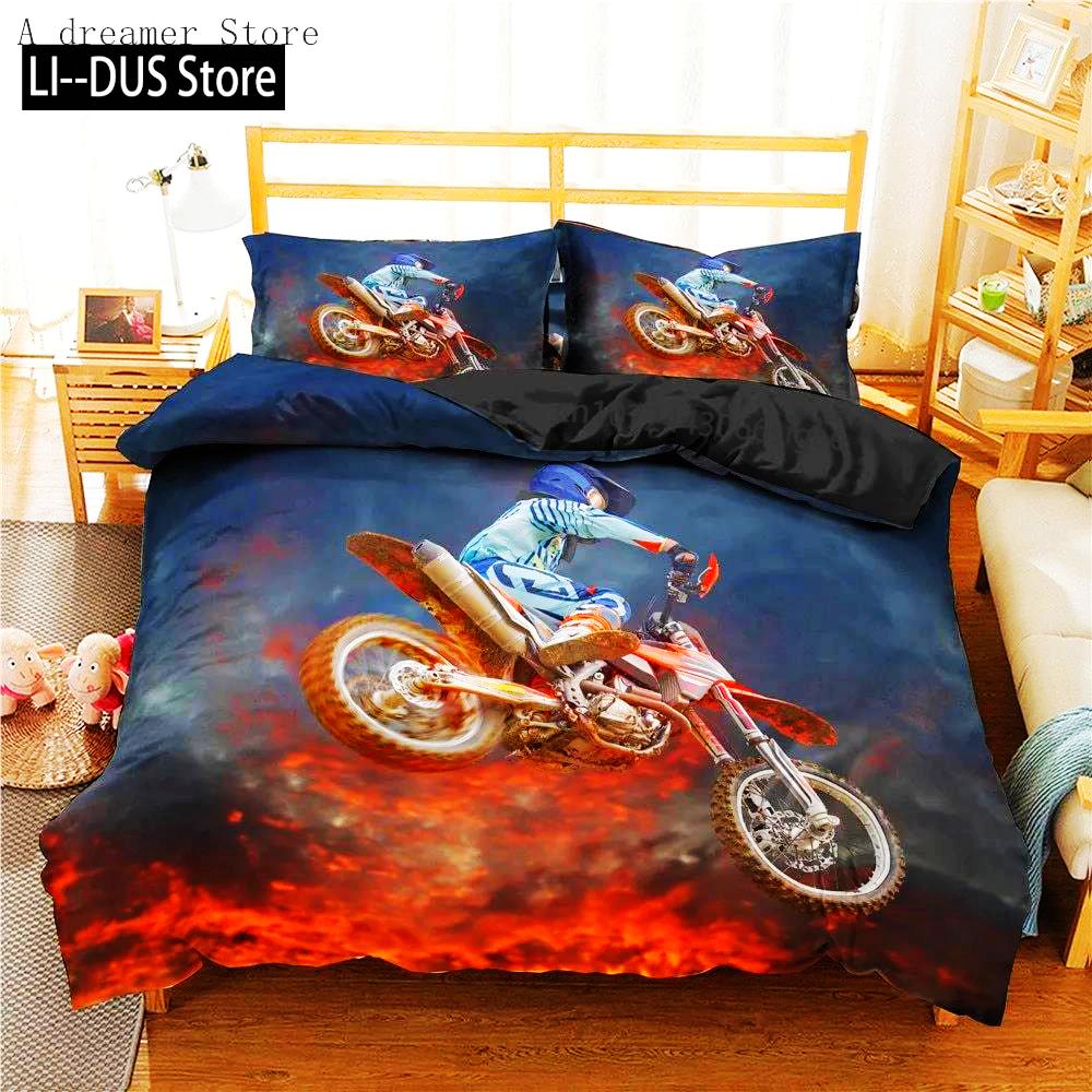 

Motorcycle Bedding Set 3D Print Cars Duvet Cover With Pillowcase Motocross Bedspread Boys Bed Set King Size Home Textiles EU Single(135*200cm)3pcs