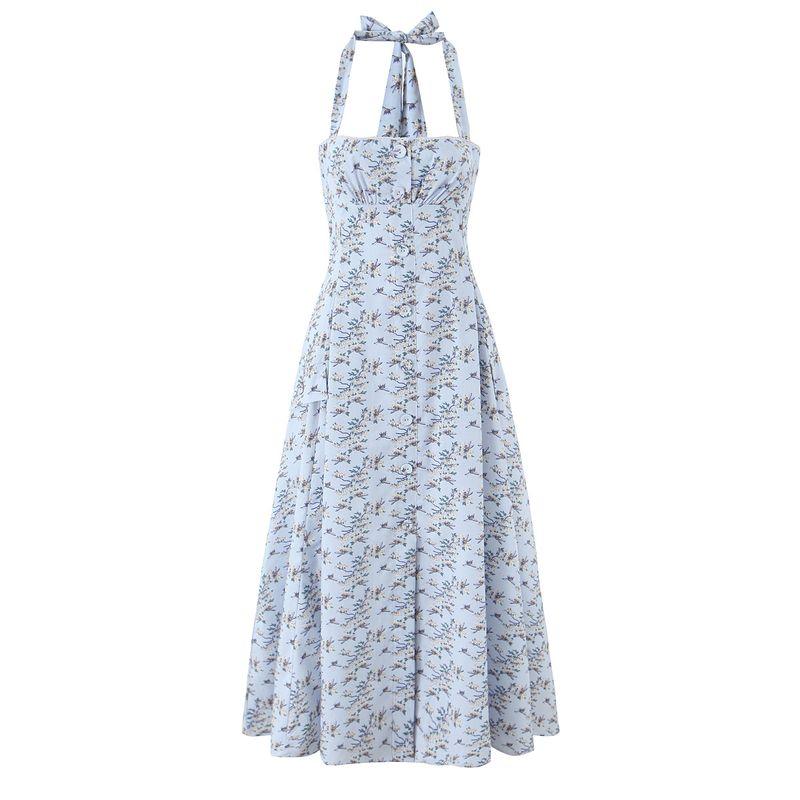 

Anne s Flower Wall House Same Style French style Retro Pastoral Floral Bow Lace-up Hanging Neck Mid-Length Dress Blue and purple S