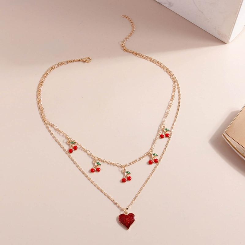 Trendy INS Style Neck Chain Jewelry Sweet Cool Double Layer Necklace with Lovely Cherry/Grape and Heart Pendant Charm