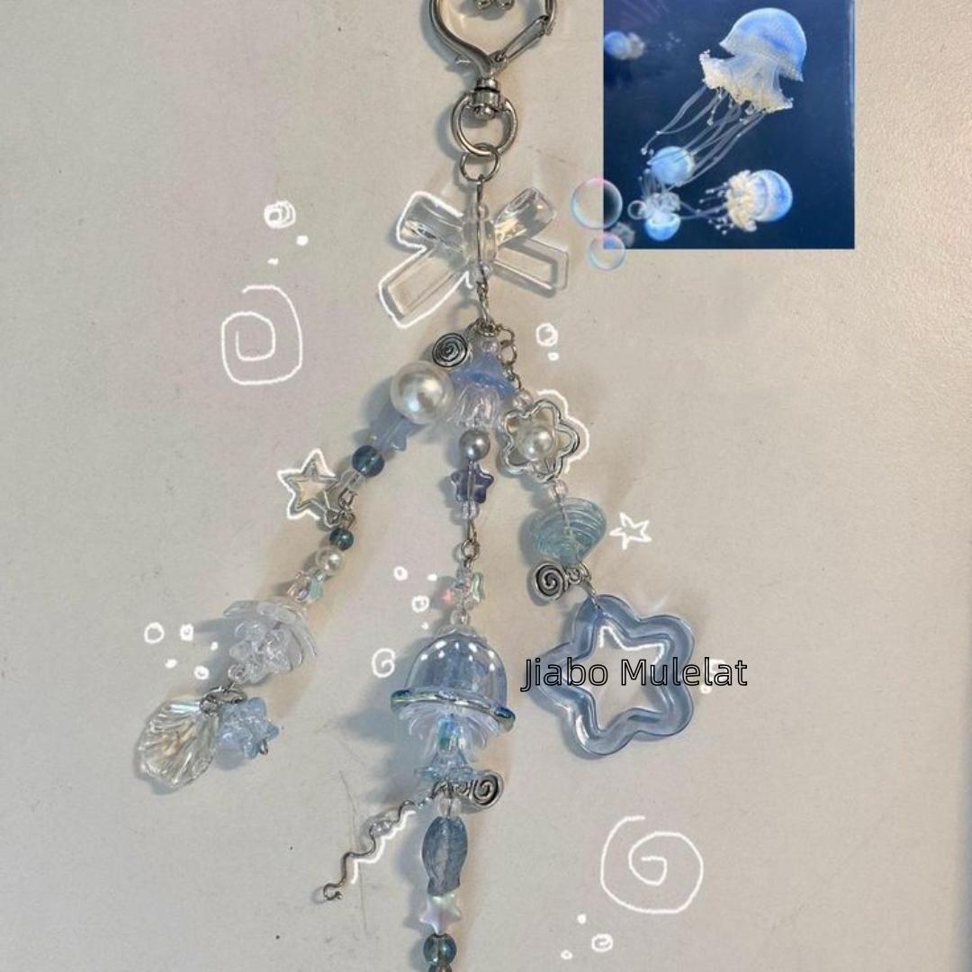 Y2k handmade white bow dot light blue jellyfish keychain синий