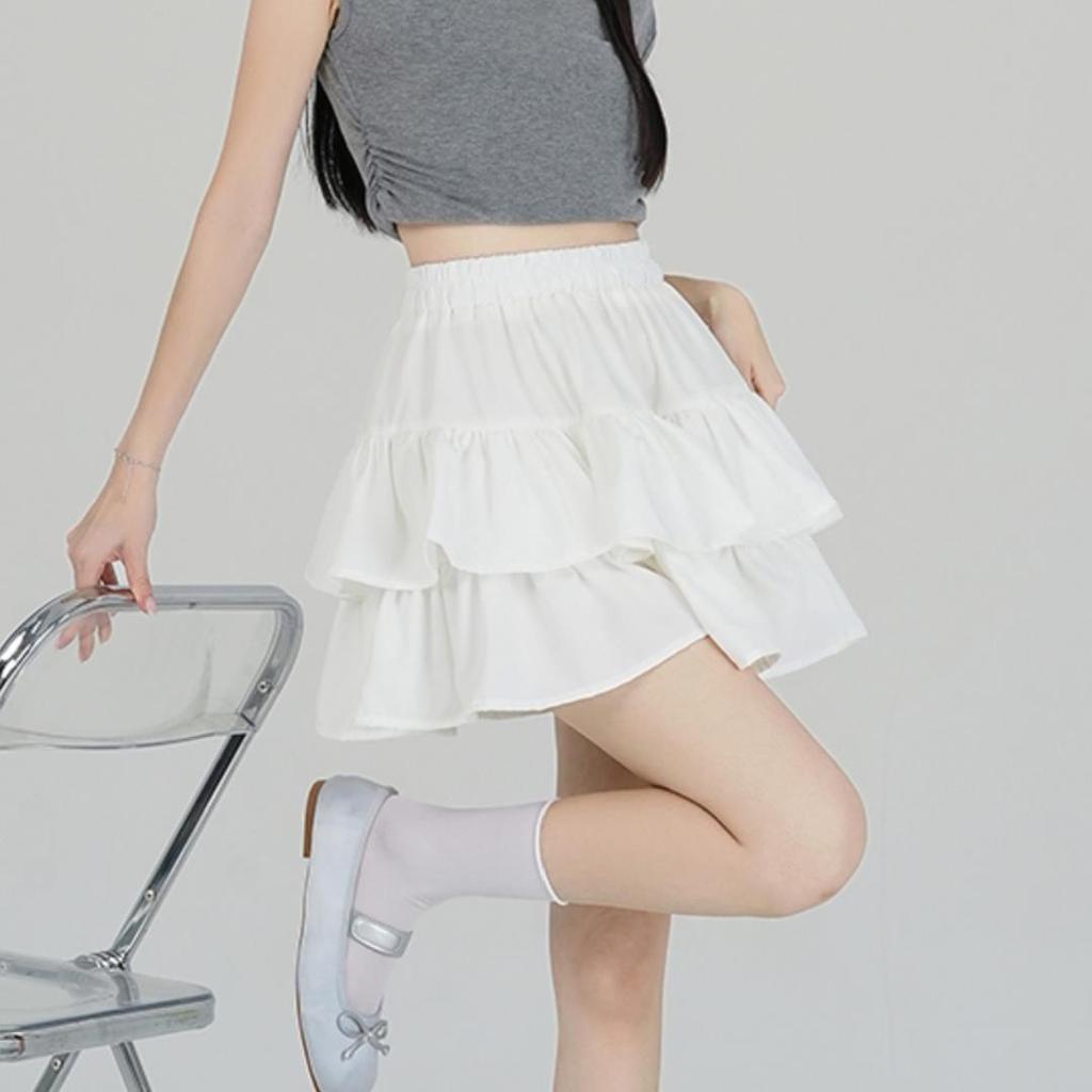 Women's Summer White Ruffle Puff Cake Dress - Ballet-Style High Waist A-Line Midi Skirt