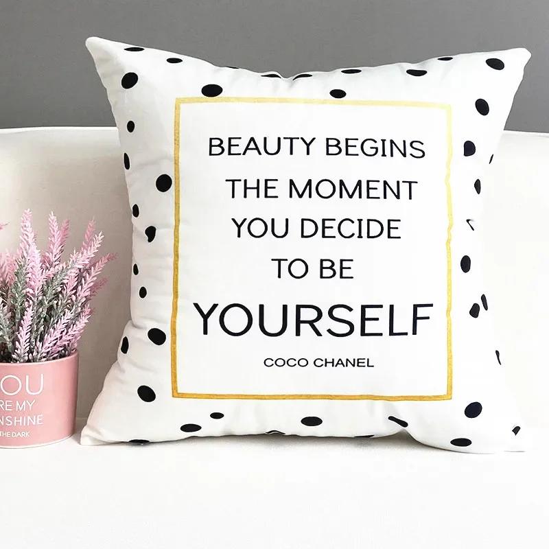 Nordic Pink Girls Geometry Polyester Plush Pillowcase Letters Pink Feather Super Soft Thick Sofa Pillow Cushion Cover Home Decor