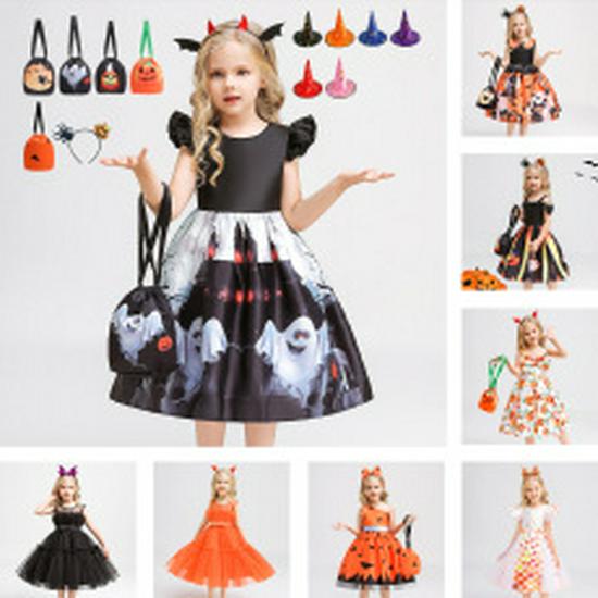 Kids' Halloween Witch Cosplay Cartoon Print Dress