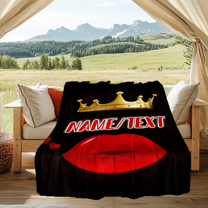 1PC Custom Name Royal Lip Crown outdooor Flannel blankets Throw Blanket All-Season Throw Gift Bedspread for Couch, Bed, Camping Holiday Birthda