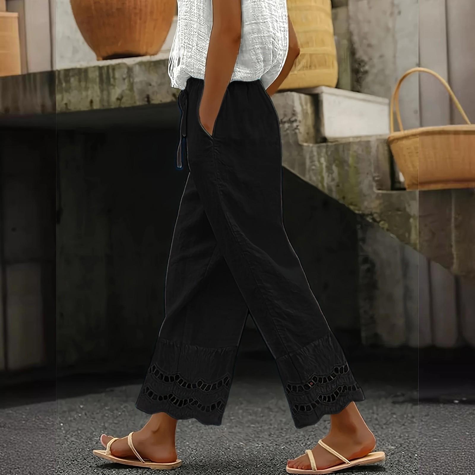 

Женские повседневные однотонные брюки с эластичным поясом и кружевом в стиле пэчворк M чёрный