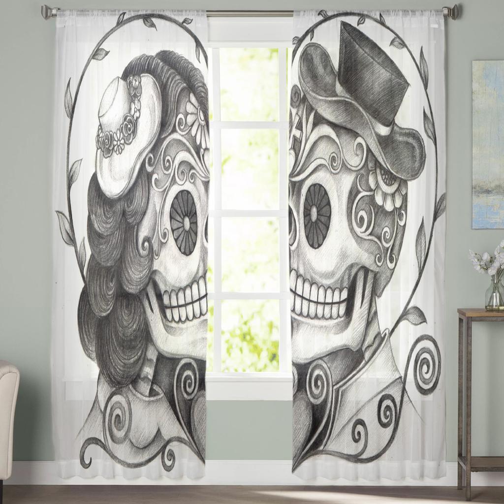 Love Skull Flowers Window Treatment Tulle Modern Sheer Curtains for Kitchen Living Room the Bedroom Curtains Decoration