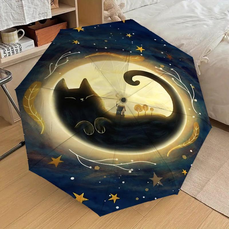 1PC cat moon Automatic Open/Close Umbrella with Windproof, 8-Rib Sturdy Canopy, Durable Ribs, Fashionable Design, Outdoor Accessory, Fun Prin, Holiday