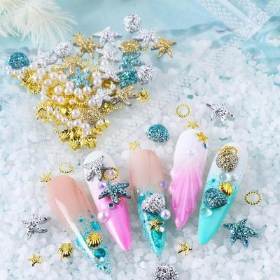 Sommer Ozean Nagelanhänger 3D Metall Harz mit Perlen Dekoration Gold Silber Blau Muschel Seestern Niete Schmuck Nagelkunst Zubehör