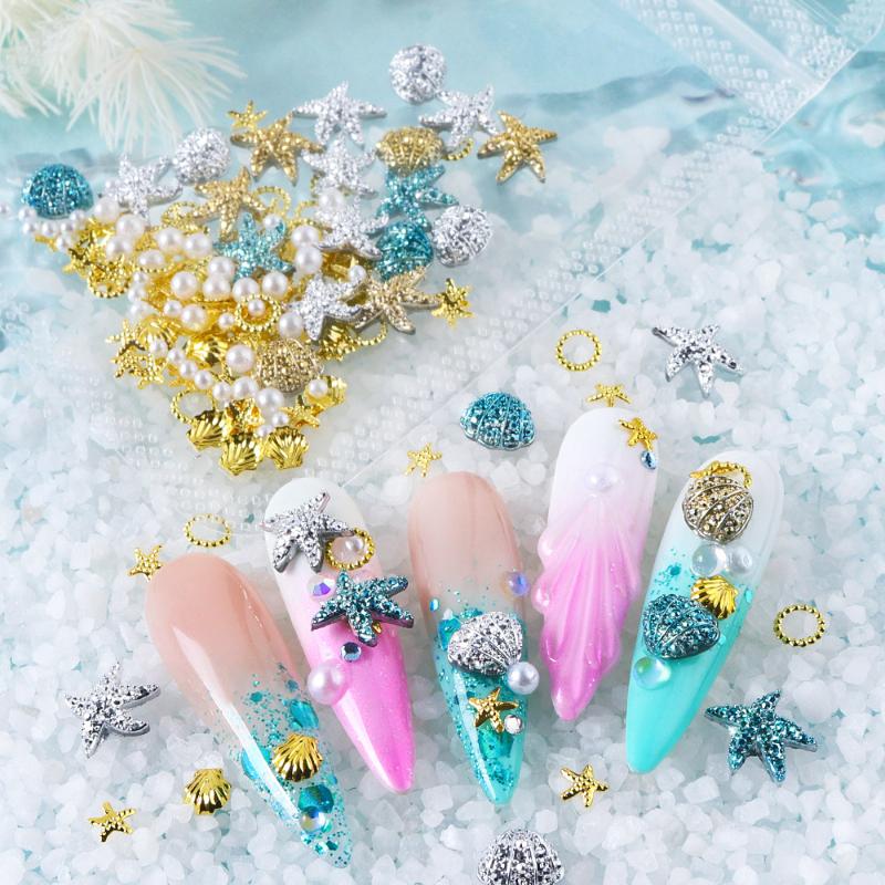 

Летние океанские шармы для ногтей 3D Металлическая смола с жемчугом Декорация Золото Серебро Синий Ракушка Морская звезда Заклепка Ювелирные изделия Аксессуар для нейл-арта