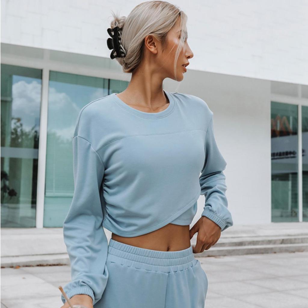 Women Solid Color Long Sleeve O Neck Hoodies Suit Autumn Winter Loose Top Wide Leg Pants