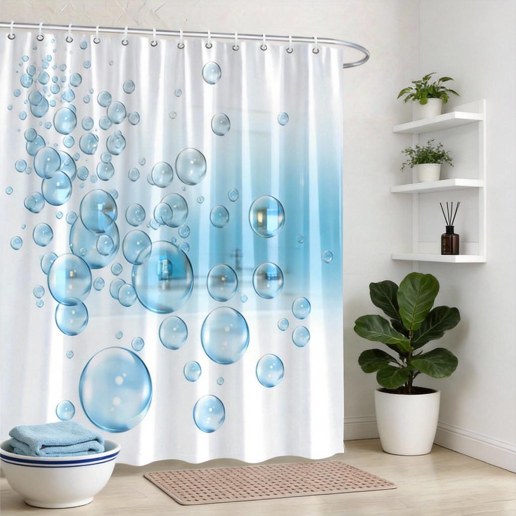 Minimalist Bubble Shower Curtain 180x180cm – Blue Translucent Spheres on White, Fresh Clean Bathroom Decor, 12 Hooks