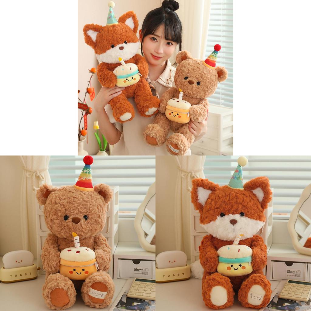 Plush Animal Toy Birthday Fox And Bear With Soft Short Plush For Kids Gift