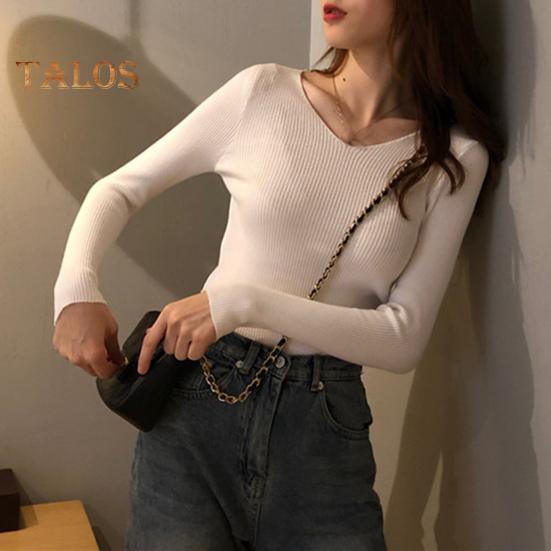 Moteriški viršūnės V formos iškirpte ilgomis rankovėmis Slim Fit megztinis megztinis Vienspalvis megztinis su rumbuota apačia Elastingas trikotažas