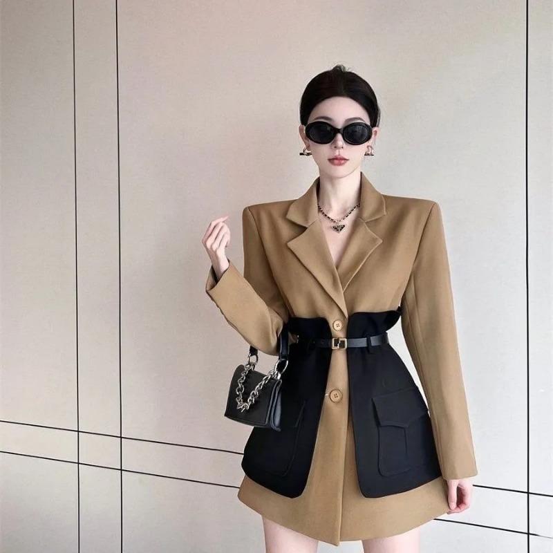 

Women Khaki Black Color Block Patchwork Waist Belt Blazer Dress S хаки