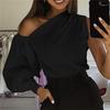 Women Fashion One-sleeve Loose and Thin Casual Slim Shirt Chic Solid Color Long-sleeved Asymmetrical Shirt