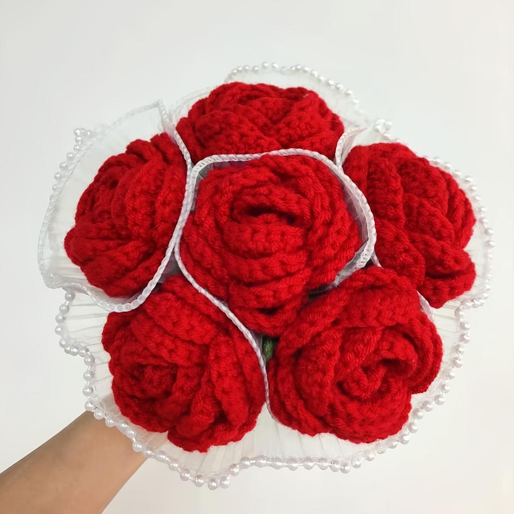 10 Stück Rote Häkelrosen, DIY Strickblumen-Set für Bouquet, Decke, Kleidung, Dekoration, Muttertag, Hochzeit, Heimdekoration