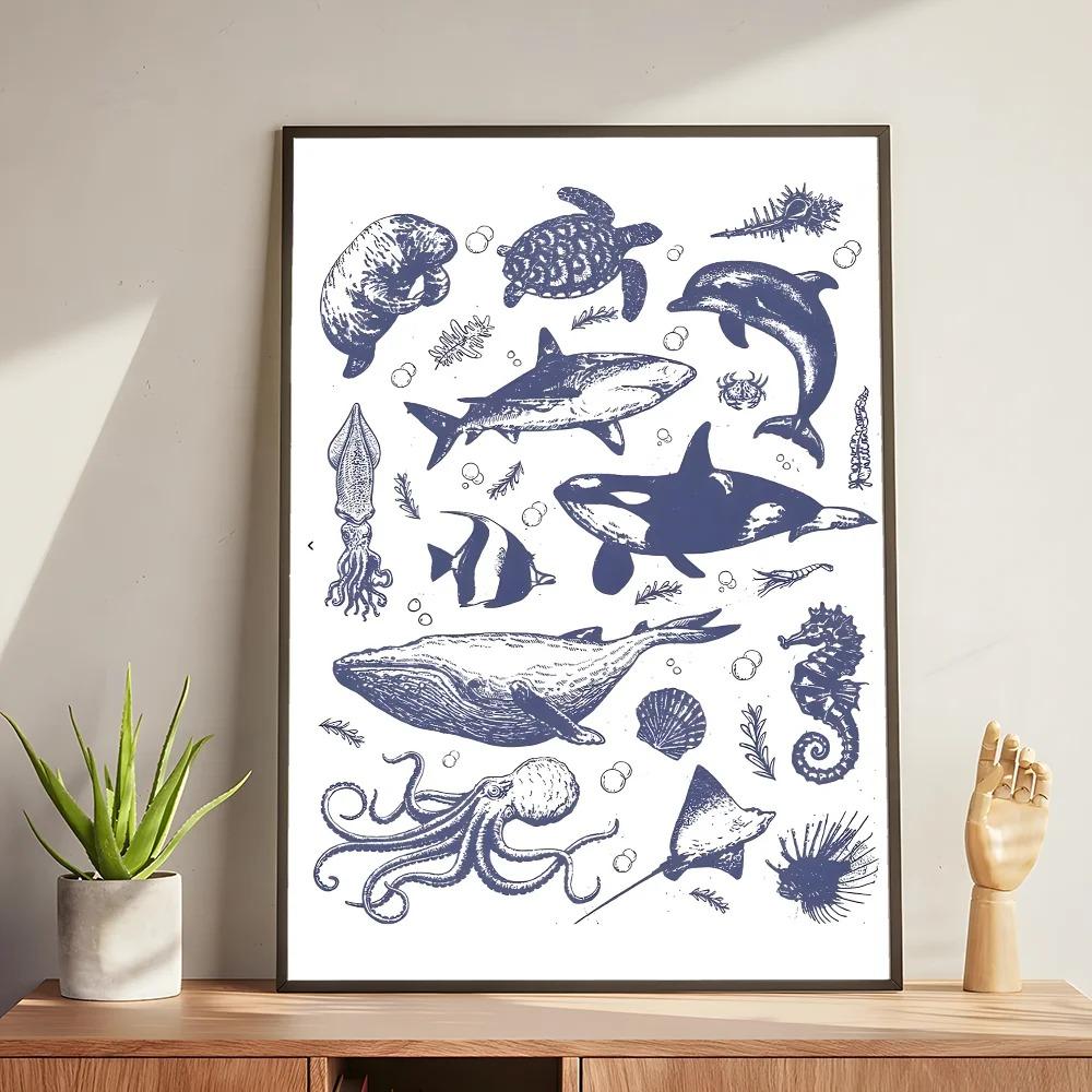 Whale and Shark Seashells Turtles Octopus Fish Marine Life Ocean Animals Poster and Print Canvas Painting  Wall Art Home Living Room