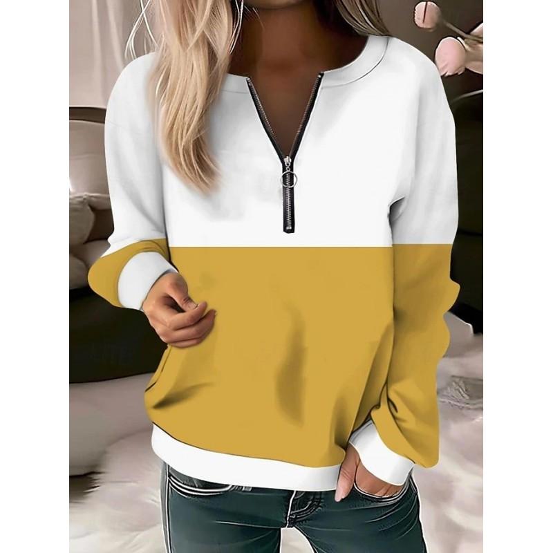Womens V-Neck Half-Zip Long Sleeve Oversized Hoodie With Geometric Print Casual Comfort Fit 2025