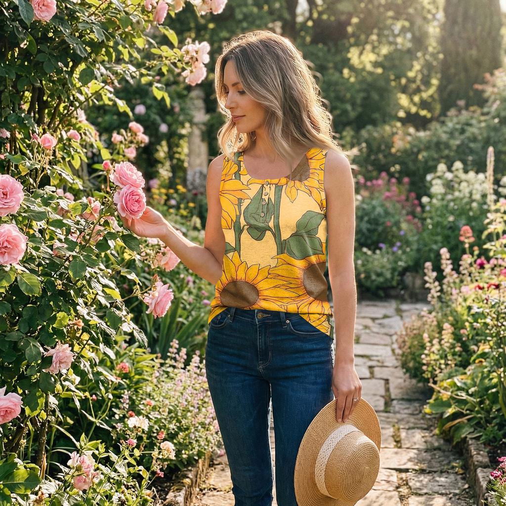 Womens Spring Tops Sleeveless Sunflower Print Summer Shirts for Women Casual Tank Style Womens Summer Shirts