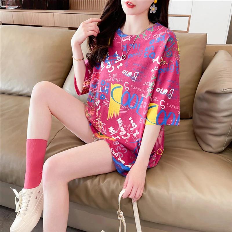Sommer Vintage Print T-Shirt Mode Damen Übergroß Grafik Langarm T-Shirts Y2k Oberteile Harajuku Hip Hop Streetwear Jugend