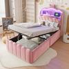 Cama Infantil Estofada 90 x 200 cm com Armazenamento Hidráulico, Cobertura de Veludo, Iluminação LED na Cabeceira que Muda de Cor, Portas de Carregamento USB USB-C, Rosa