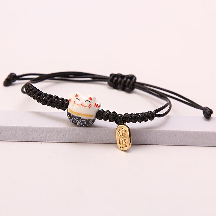 Handwoven Red Rope Lucky Cat Ceramic Bracelets for Women