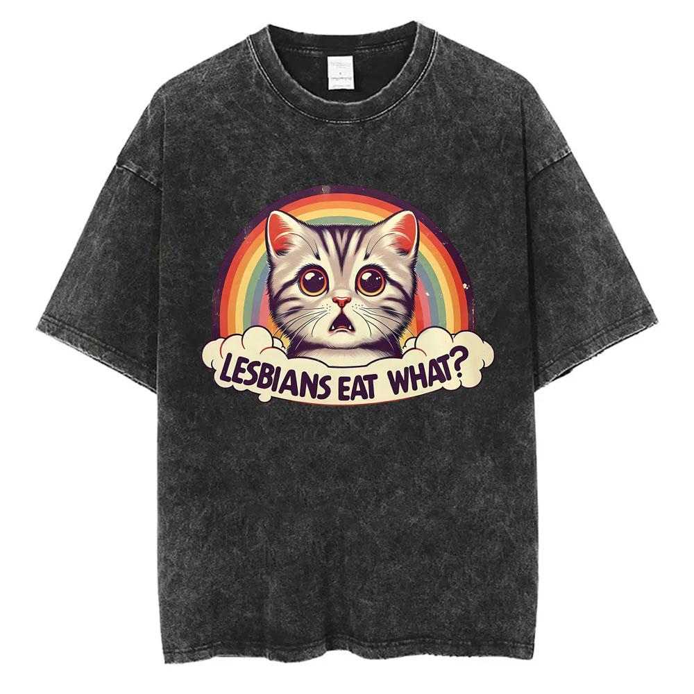 Lesbiche Mangiano Cosa Magliette Lavate Vintage Unisex Casual Cotone Retro Manica Corta Magliette Uomo Donna Carino Divertente Gatto Meme Maglietta