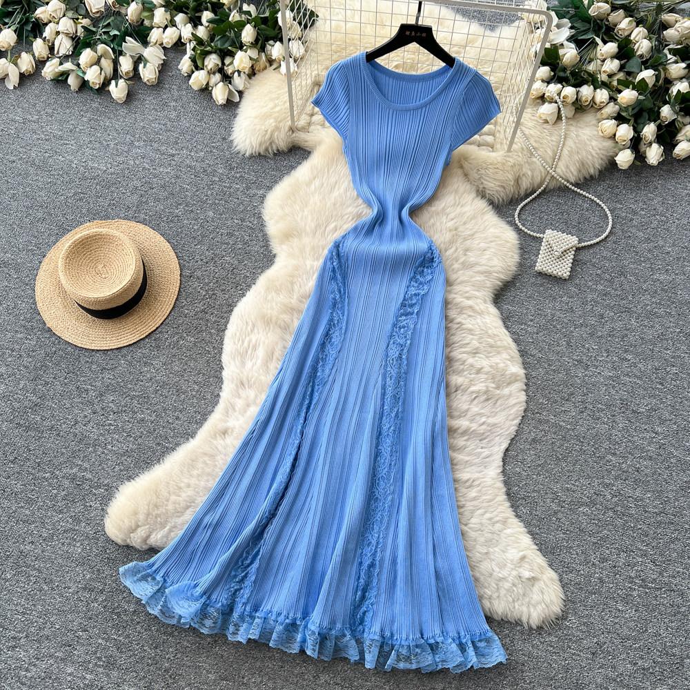 Elegant Lace Patchwork Knitted Midi Long Dress Women Chic Short Sleeve Ruffles Slim Fit Dresses 2026 Casual Daily Office Outfit