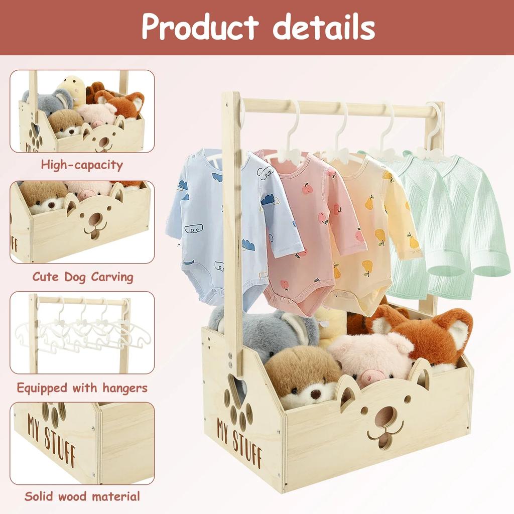 Wood Baby Shower Basket Baby Toys Storage Crate with Hangers and Handle Multipurpose Gift Basket for Boys Girls New Parents