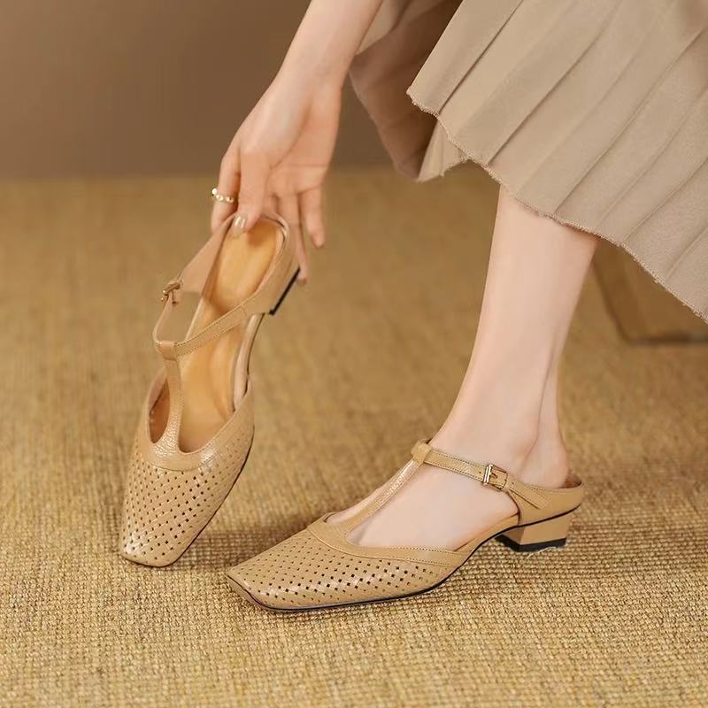 2025 Summer New Women's Hollow-out Cow Leather Metal Buckle Slip-on Mary Jane Flats Slides Sandal Elegant Ladies Shoes