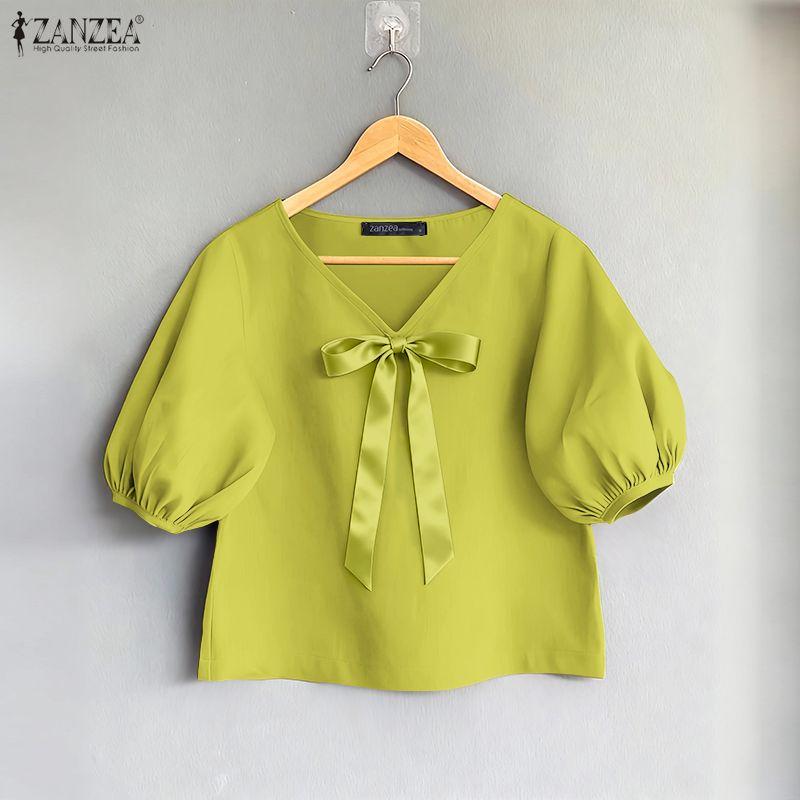 ZANZEA Women Elegant V-Neck Casual Solid Color 3/4 Sleeve Blouse S зелёный