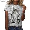 Animal Series Digital 3D Printed Men's Women's Short Sleeved T-shirt Cute Cat Round Neck Base
