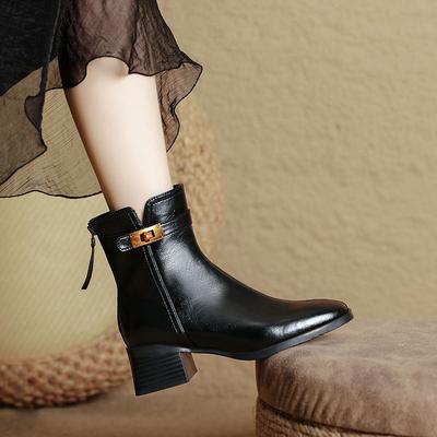 Stiefel mit grobem Absatz für Damen, Frühling und Herbst, Einzelstiefel 2025 neu, mittelhohe Lederstiefel, braun, französische eckige Spitze, dünne Modestiefel
