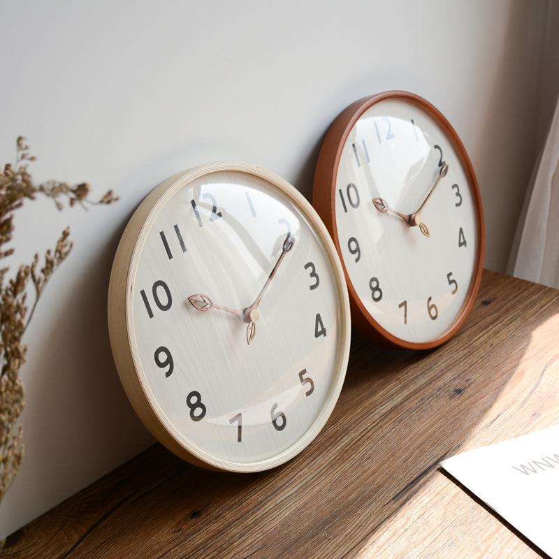 12inch Ultra-Quiet Wooden Wall Clock Nordic Style Simple Home Bedroom Leaf Pocket Watch for Living Room Wooden Wall Clocks