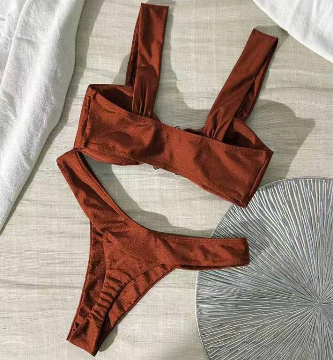 Two Piece Women's Swimsuit Set with Wide Shoulder Straps and Decorative Front Detail Bikini Top and High Cut Bottoms for Beachwear and Poolside