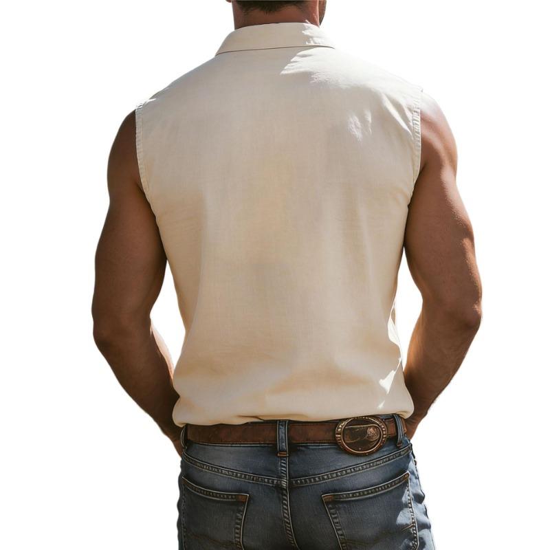 Ärmelloses Henley-Hemd für Herren aus Leinenmischung mit Brusttasche, Mehrfarbig, Lässiges Sommer-Tanktop