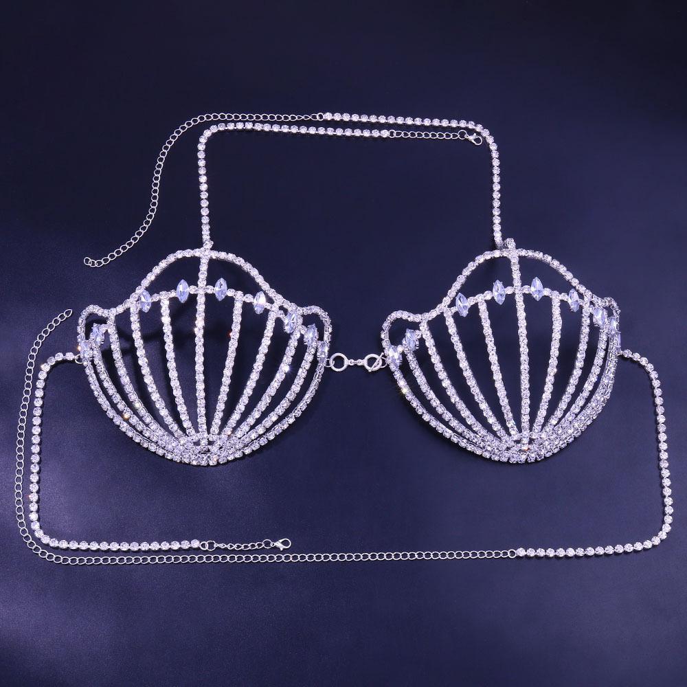 Full Shell Bra Top Wrapped Chest Hot Rhinestone Body Crystal Chain Shiny Women Sexy Lingerie With Diamond