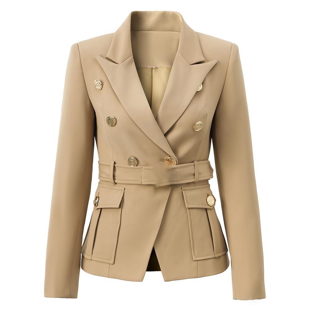 Blazer da Ufficio Stile Classico Bianco Nero da Donna con Tasche e Cintura