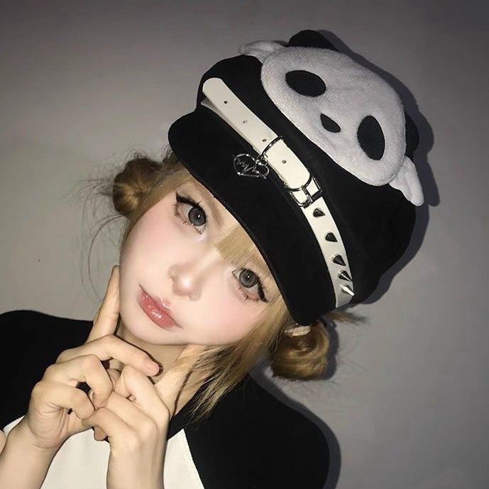 Y2K Dopamine Panda Beret Hat Rivet Cute Sunscreen Hat Octagon Subculture Wings Hat Women's Accessories