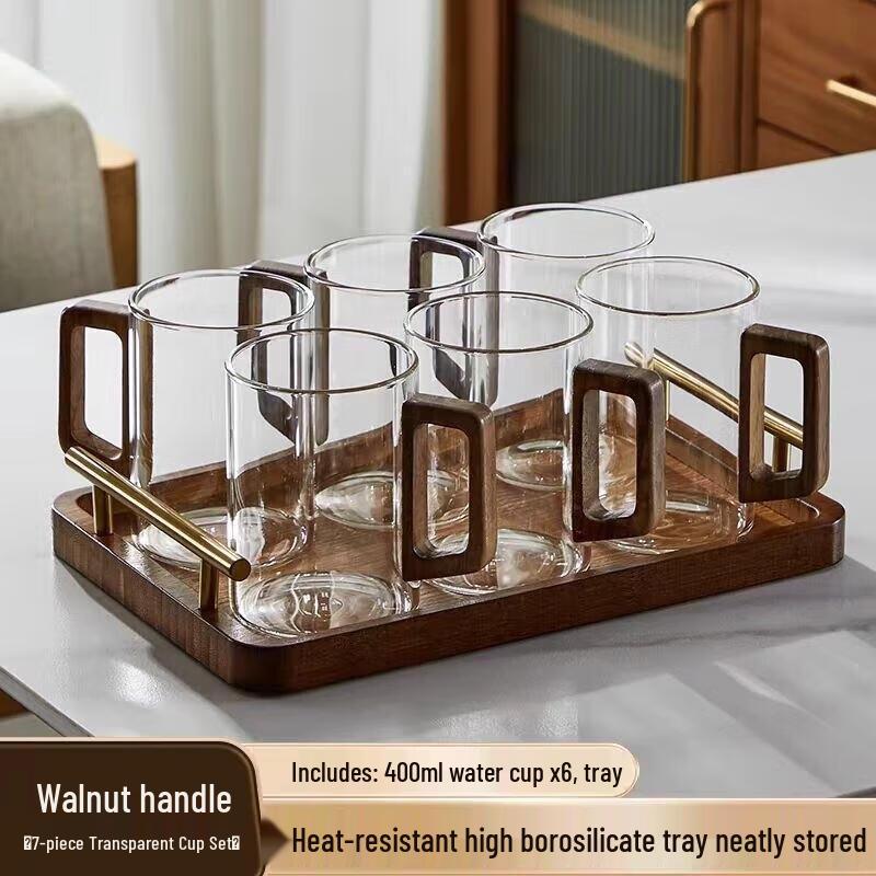 HANDUNYOU Glass Tea Cup Set with Wooden Handle and Tea Tray