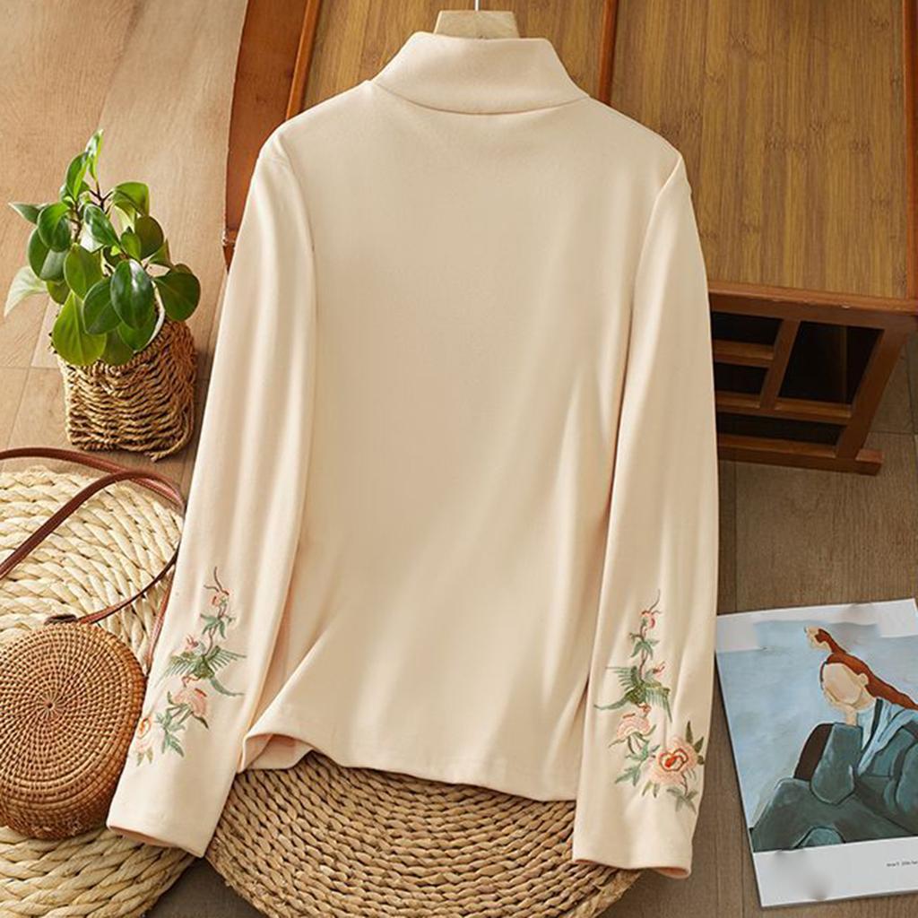 Women's Fashion Retro Velvet Literary Embroidery High Neck Long Sleeve T-Shirt Top