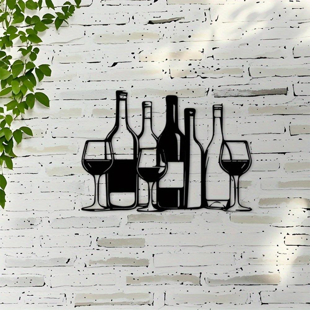 1pc 2D Flat Wine Bottle Glass Metal Wall Art Modern Minimalist Black Outdoor Decor for Bar Kitchen Dining Room