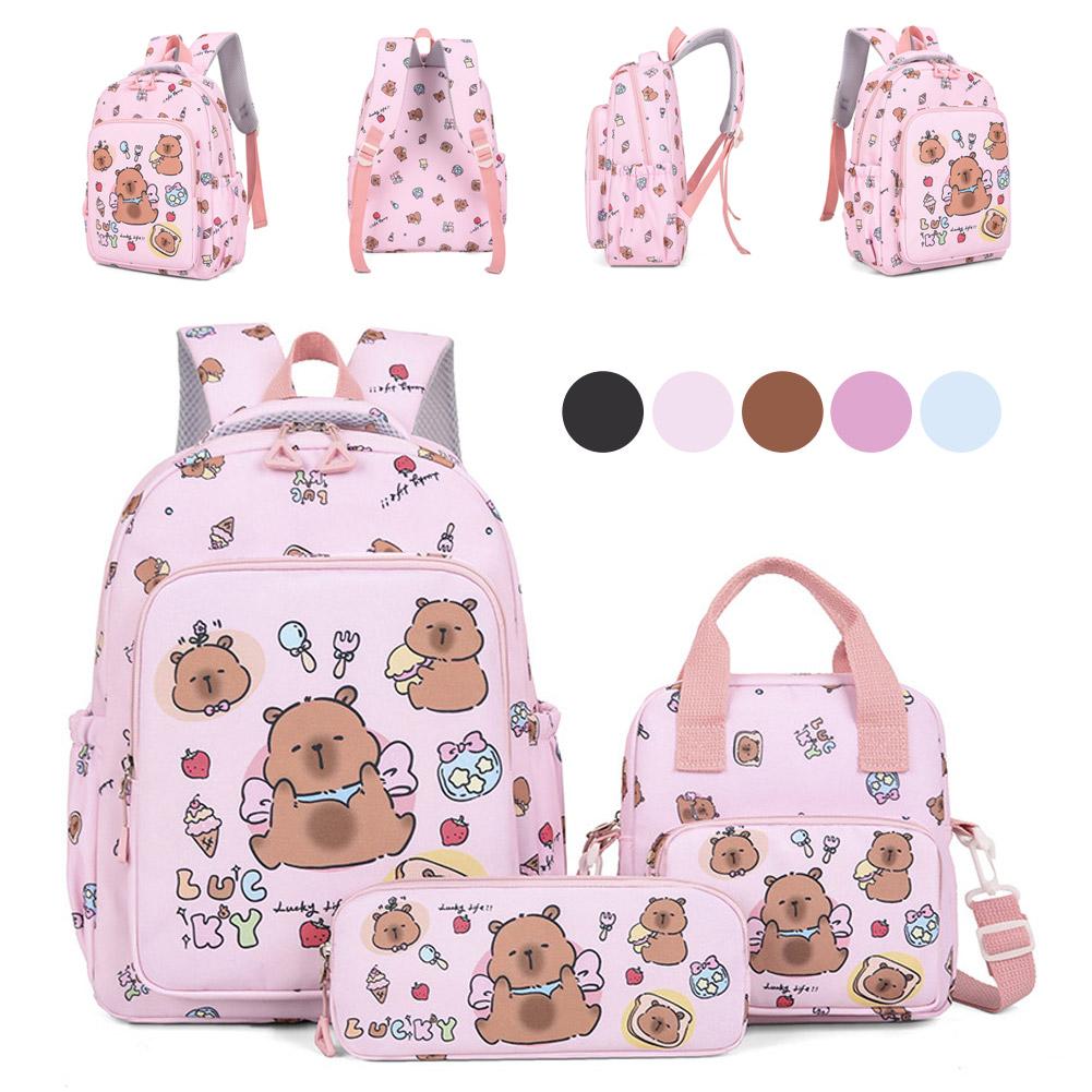 Set da 3 Pezzi Kawaii Capibara Zaino Grande Capacità Cartone Animato Adolescente Moda Nylon Leggero Set Zainetti