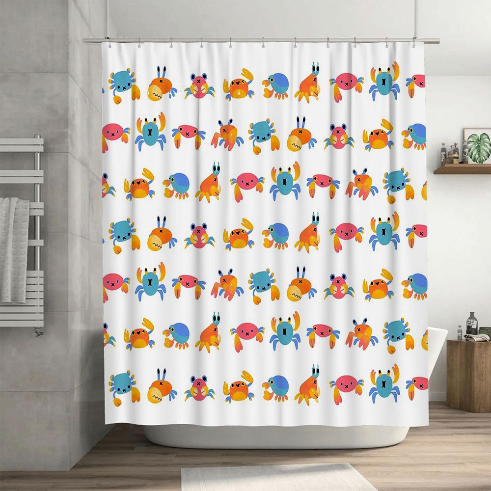 Cute Crab Ocean Shower Curtain Sea Animal Bathroom Decor Waterproof Fabric Liner Set For Kids Room
