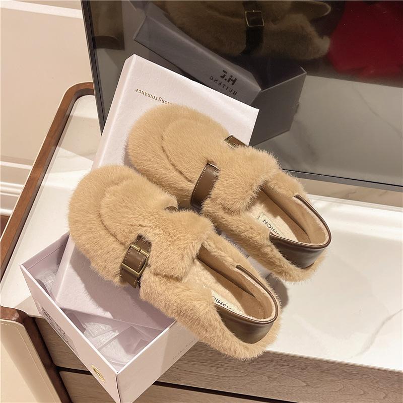 

Туфли МАО МАО с пряжкой женские 2025 осень и зима новые плюшевые на одной педали для беременных мягкая подошва теплые и удобные туфли Doudou 40 абрикосовый