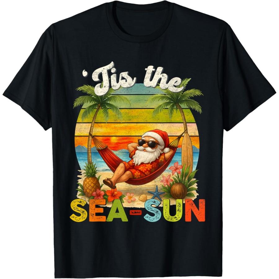 Tis The Sea-Sun Funny Christmas In July Hawaii Santa Beach T-Shirt S
