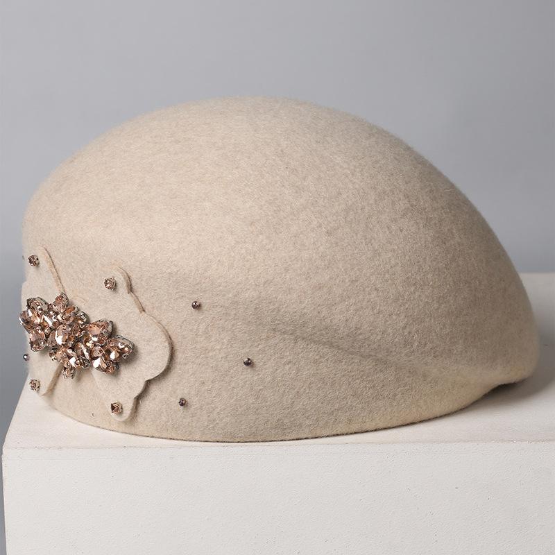 French heavy industry rhinestone flower wool beret female autumn and winter retro elegant painter hat light luxury banquet temperament felt